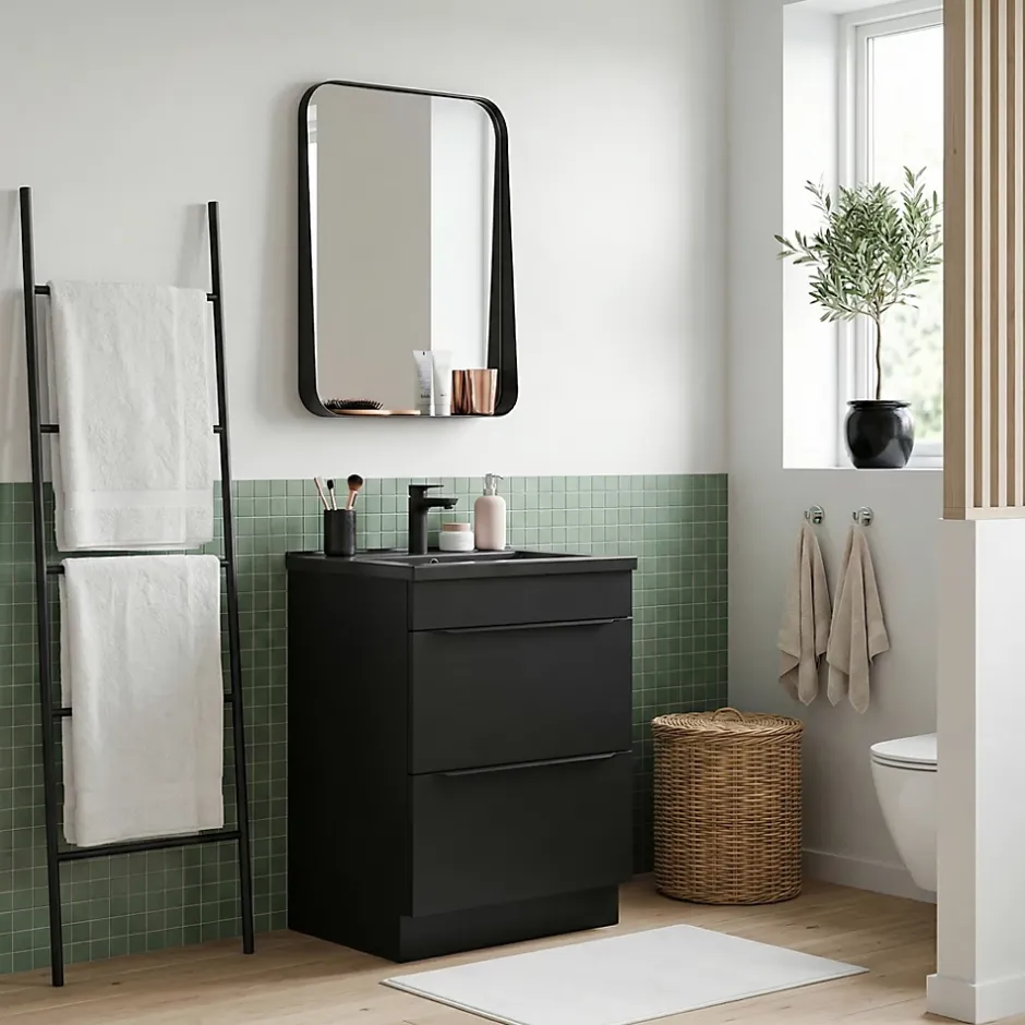 GoodHome Meuble vasque à poser noir mat l.60 cm Imandra + plan vasque noir céramique Nira,