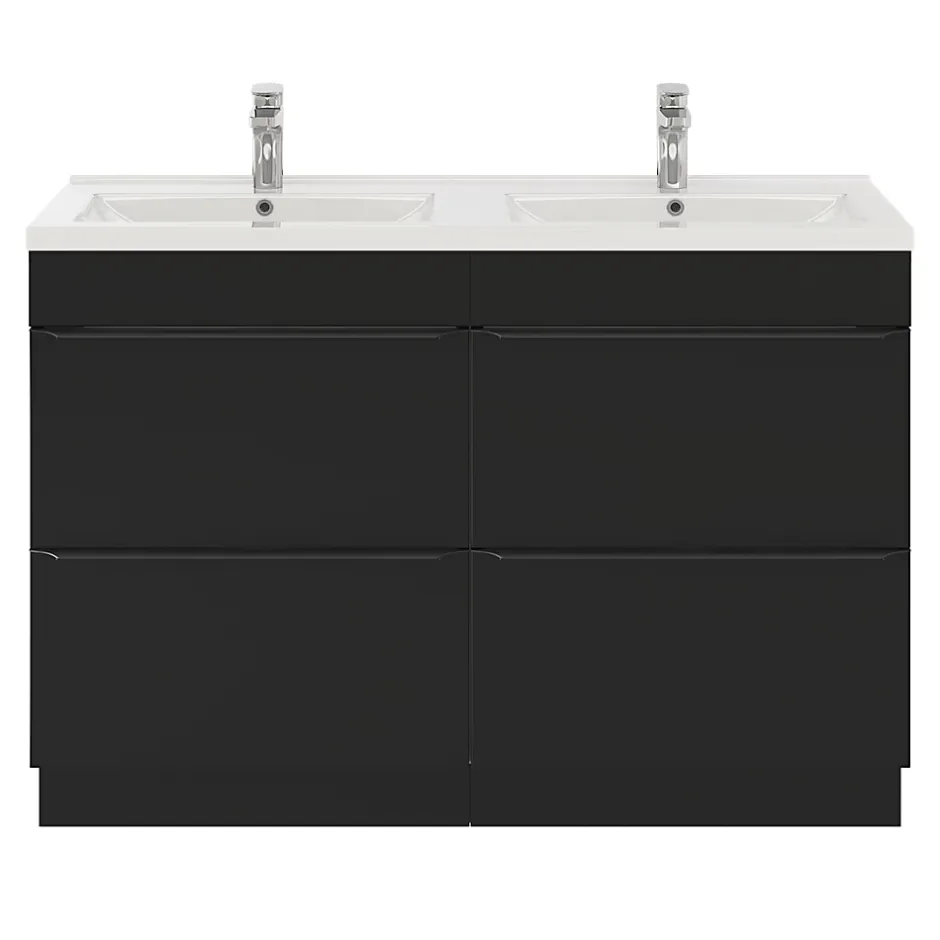 GoodHome Meuble vasque à poser noir mat l.120 cm Imandra + plan double double vasque blanc céramique Nira,