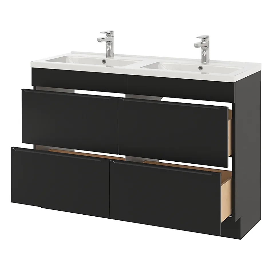 GoodHome Meuble vasque à poser noir mat l.120 cm Imandra + plan double double vasque blanc céramique Nira,