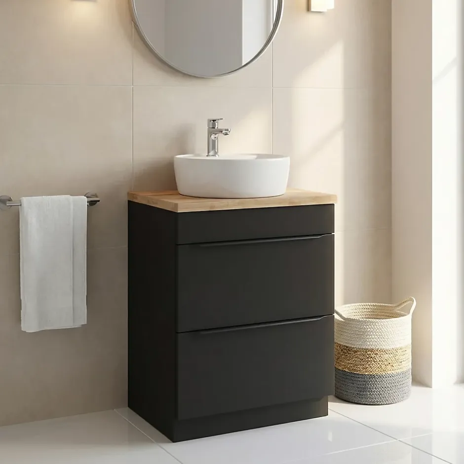 GoodHome Meuble vasque à poser noir mat l.60 cm Imandra + plan de toilette chêne massif Hartland,* Meuble Buanderie