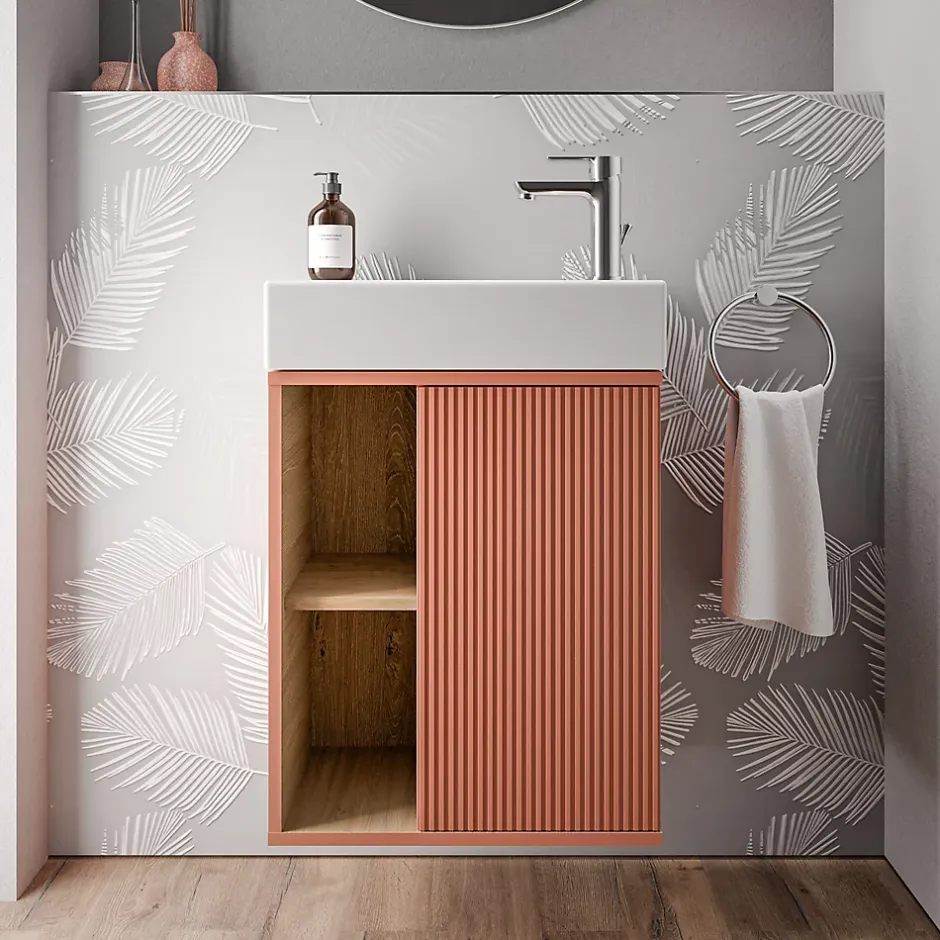 Bernstein Meuble vasque Abricot mat de salle de bain 55x24x59cm (LxPxH) 1 porte à droite + 2 cases rangement - BELDIVO
