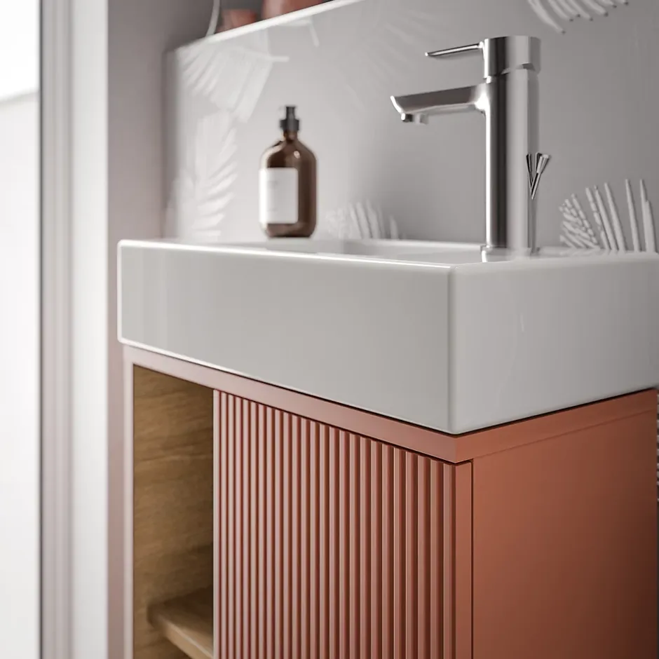Bernstein Meuble vasque Abricot mat de salle de bain 55x24x59cm (LxPxH) 1 porte à droite + 2 cases rangement - BELDIVO