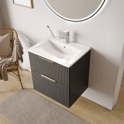Bernstein Meuble vasque Anthracite mat strié de salle de bain 60x46x62cm (LxPxH) + vasque céramique, Poignées chrome - TIM60* Lave-Mains