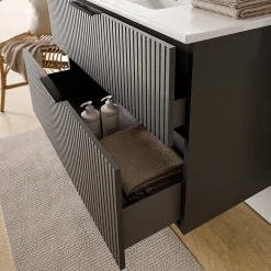 Bernstein Meuble vasque Anthracite mat strié de salle de bain 60x46x62cm (LxPxH) + vasque céramique, Poignées chrome - TIM60* Lave-Mains