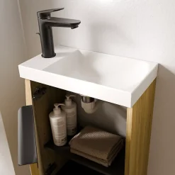 Bernstein Meuble vasque Beige strié de salle de bain 40x22x55cm (LxPxH) + vasque céramique, Poignée Noir mat - TIM40* Lave-Mains