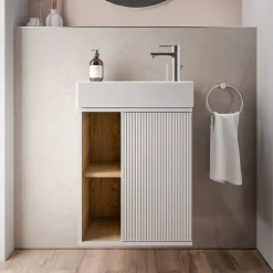 Bernstein Meuble vasque Blanc mat de salle de bain 55x24x59cm (LxPxH) 1 porte à droite + 2 cases rangement - BELDIVO