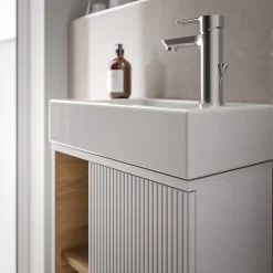 Bernstein Meuble vasque Blanc mat de salle de bain 55x24x59cm (LxPxH) 1 porte à droite + 2 cases rangement - BELDIVO