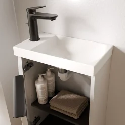 Bernstein Meuble vasque Blanc mat strié de salle de bain 40x22x55cm (LxPxH) + vasque céramique, Poignée Noir mat - TIM40