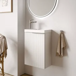 Bernstein Meuble vasque Blanc mat strié de salle de bain 40x22x55cm (LxPxH) + vasque céramique, Poignée Chrome - TIM40* Lave-Mains