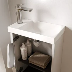 Bernstein Meuble vasque Blanc mat strié de salle de bain 40x22x55cm (LxPxH) + vasque céramique, Poignée Chrome - TIM40* Lave-Mains