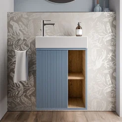 Bernstein Meuble vasque Bleu azur mat de salle de bain 55x24x59cm (LxPxH) 1 porte à gauche + 2 cases rangement - BELDIVO