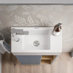 Bernstein Meuble vasque Bleu azur mat de salle de bain 55x24x59cm (LxPxH) 1 porte à gauche + 2 cases rangement - BELDIVO