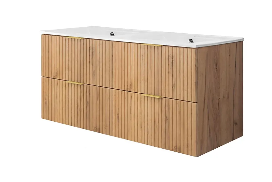3xE Living Meuble vasque, Chêne Craft, 120 (2 x 60) x 57 x 46 cm, poignée dorée, sans plateau