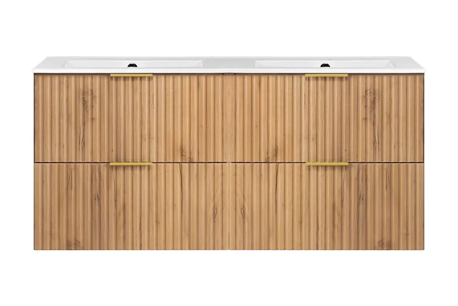 3xE Living Meuble vasque, Chêne Craft, 120 (2 x 60) x 57 x 46 cm, poignée dorée, sans plateau