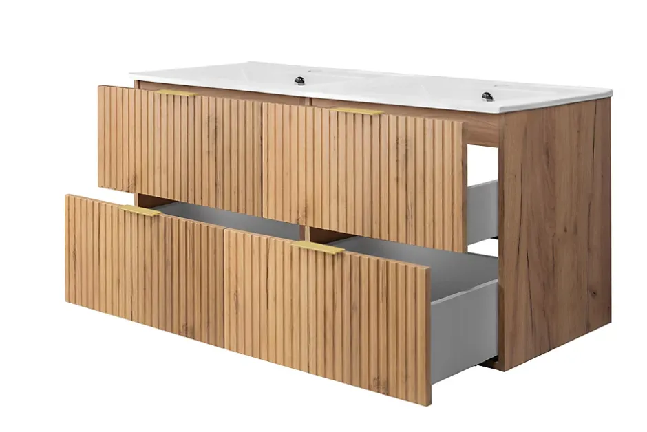 3xE Living Meuble vasque, Chêne Craft, 120 (2 x 60) x 57 x 46 cm, poignée dorée, sans plateau