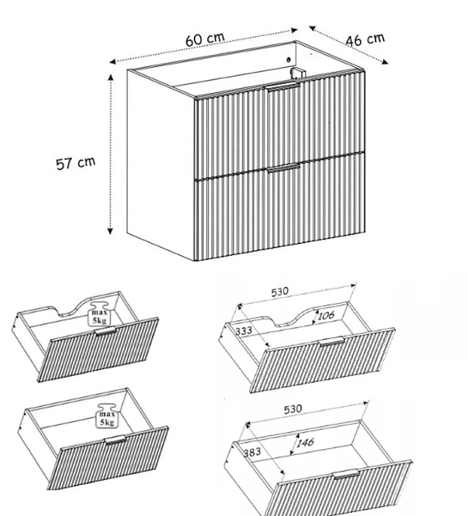 3xE Living Meuble vasque, Chêne Craft, 60 x 57 x 46 cm, poignée argentée, sans plateau