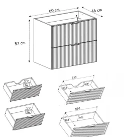 3xE Living Meuble vasque, Chêne Craft, 60 x 57 x 46 cm, poignée dorée, sans plateau