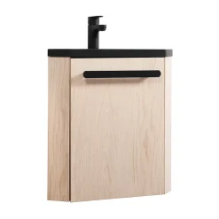 Homesight Meuble vasque d'angle compact suspendu effet chêne + plan vasque noir en résine, Skino* Lave-Mains|Meuble Vasque