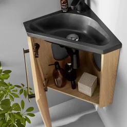 Homesight Meuble vasque d'angle compact suspendu effet chêne + plan vasque noir en résine, Skino* Lave-Mains|Meuble Vasque
