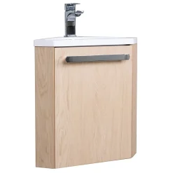 Homesight Meuble vasque d'angle compact suspendu effet chêne + plan vasque blanc en résine, Skino* Lave-Mains|Meuble Vasque