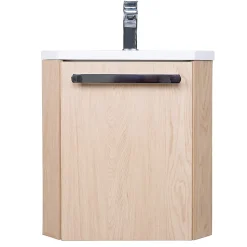 Homesight Meuble vasque d'angle compact suspendu effet chêne + plan vasque blanc en résine, Skino* Lave-Mains|Meuble Vasque