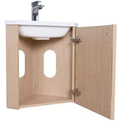 Homesight Meuble vasque d'angle compact suspendu effet chêne + plan vasque blanc en résine, Skino* Lave-Mains|Meuble Vasque