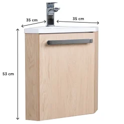 Homesight Meuble vasque d'angle compact suspendu effet chêne + plan vasque blanc en résine, Skino* Lave-Mains|Meuble Vasque