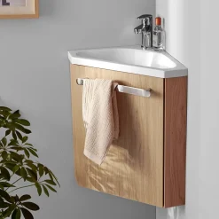 Homesight Meuble vasque d'angle compact suspendu effet chêne + plan vasque blanc en résine, Skino* Lave-Mains|Meuble Vasque