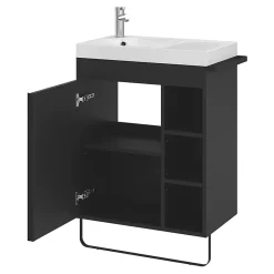 GoodHome Meuble vasque faible profondeur noir avec porte-serviettes l.65 x H.82 x P.36 cm + plan vasque blanc résine, Maza