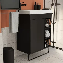 GoodHome Meuble vasque faible profondeur noir avec porte-serviettes l.65 x H.82 x P.36 cm + plan vasque blanc résine, Maza