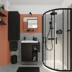 GoodHome Meuble vasque faible profondeur noir avec porte-serviettes l.65 x H.82 x P.36 cm + plan vasque blanc résine, Maza
