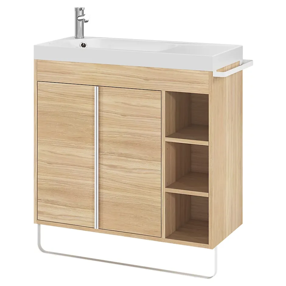 GoodHome Meuble vasque faible profondeur effet bois avec porte-serviettes l.85 x H.82 x P.36 cm + plan vasque résine, Maza