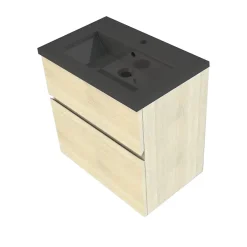 Cooke & Lewis Meuble vasque faible profondeur suspendu effet chêne l.60 cm + plan vasque noir en résine, Calao* Meuble Vasque