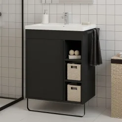 GoodHome Meuble vasque faible profondeur noir avec porte-serviettes l.65 x H.82 x P.36 cm Maza + plan vasque blanc céramique Nira,* Meuble De Salle De Bains Faible Profondeur|Meuble Vasque