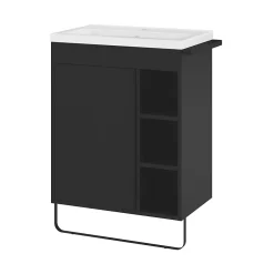 GoodHome Meuble vasque faible profondeur noir avec porte-serviettes l.65 x H.82 x P.36 cm Maza + plan vasque blanc céramique Nira,* Meuble De Salle De Bains Faible Profondeur|Meuble Vasque
