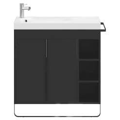 GoodHome Meuble vasque faible profondeur noir avec porte-serviettes l.85 x H.82 x P.36 cms + plan vasque blanc résine, Maza