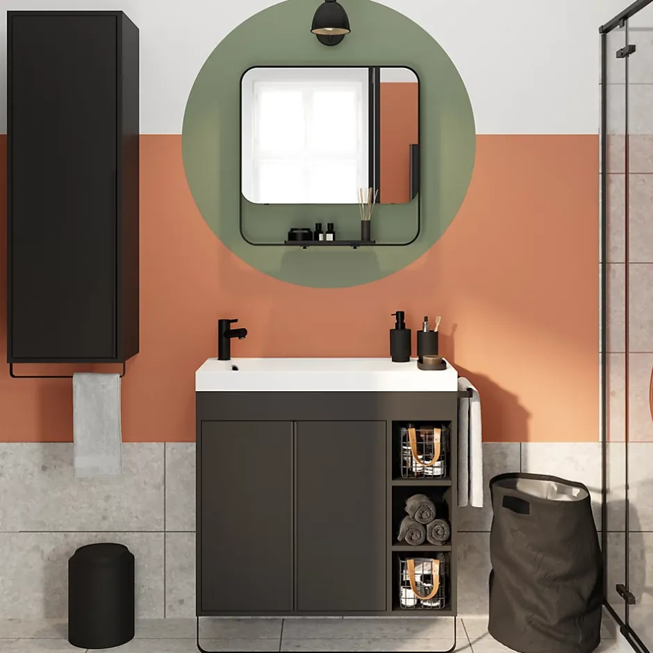 GoodHome Meuble vasque faible profondeur noir avec porte-serviettes l.85 x H.82 x P.36 cms + plan vasque blanc résine, Maza