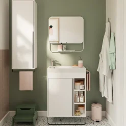 GoodHome Meuble vasque faible profondeur blanc avec porte-serviettes l.65 x H.82 x P.36 cm + plan vasque résine blanc, Maza