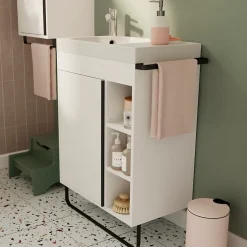 GoodHome Meuble vasque faible profondeur blanc avec porte-serviettes l.65 x H.82 x P.36 cm + plan vasque résine blanc, Maza