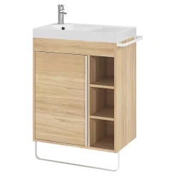 GoodHome Meuble vasque faible profondeur effet bois avec porte-serviettes l.65 x H.82 x P.36 cm Maza + plan vasque résine, Maza* Meuble De Salle De Bains Faible Profondeur|Meuble Vasque