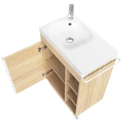 GoodHome Meuble vasque faible profondeur effet bois avec porte-serviettes l.65 x H.82 x P.36 cm Maza + plan vasque résine, Maza* Meuble De Salle De Bains Faible Profondeur|Meuble Vasque