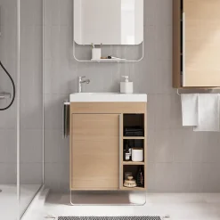 GoodHome Meuble vasque faible profondeur effet bois avec porte-serviettes l.65 x H.82 x P.36 cm Maza + plan vasque résine, Maza* Meuble De Salle De Bains Faible Profondeur|Meuble Vasque