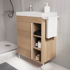 GoodHome Meuble vasque faible profondeur effet bois avec porte-serviettes l.65 x H.82 x P.36 cm Maza + plan vasque résine, Maza* Meuble De Salle De Bains Faible Profondeur|Meuble Vasque