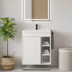 GoodHome Meuble vasque faible profondeur blanc avec porte-serviettes l.65 x H.82 x P.36 cm Maza + plan vasque céramique blanc Nira,* Meuble De Salle De Bains Faible Profondeur|Meuble Vasque