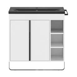 GoodHome Meuble vasque faible profondeur blanc avec porte-serviettes l.85 x H.82 x P.36 cm Maza + plan vasque céramique noir Nira,