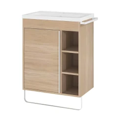 GoodHome Meuble vasque faible profondeur effet bois avec porte-serviettes l.65 x H.82 x P.36 cm + plan vasque céramique blanc Nira,* Meuble Vasque|Meuble De Salle De Bains Faible Profondeur