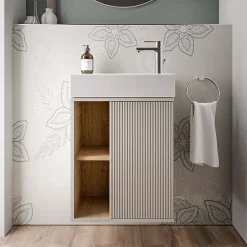 Bernstein Meuble vasque Gris soie de salle de bain 55x24x59cm (LxPxH) 1 porte à droite + 2 cases rangement - BELDIVO