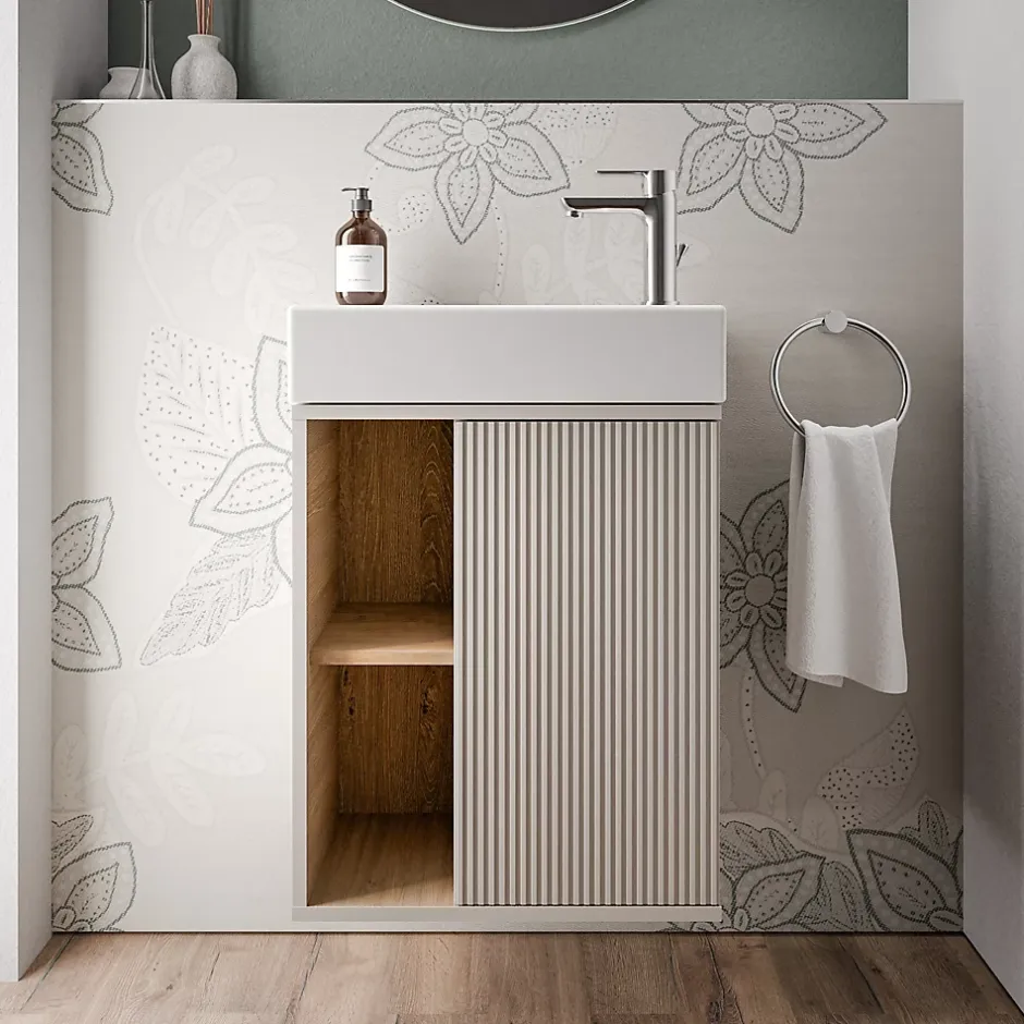 Bernstein Meuble vasque Gris soie de salle de bain 55x24x59cm (LxPxH) 1 porte à droite + 2 cases rangement - BELDIVO
