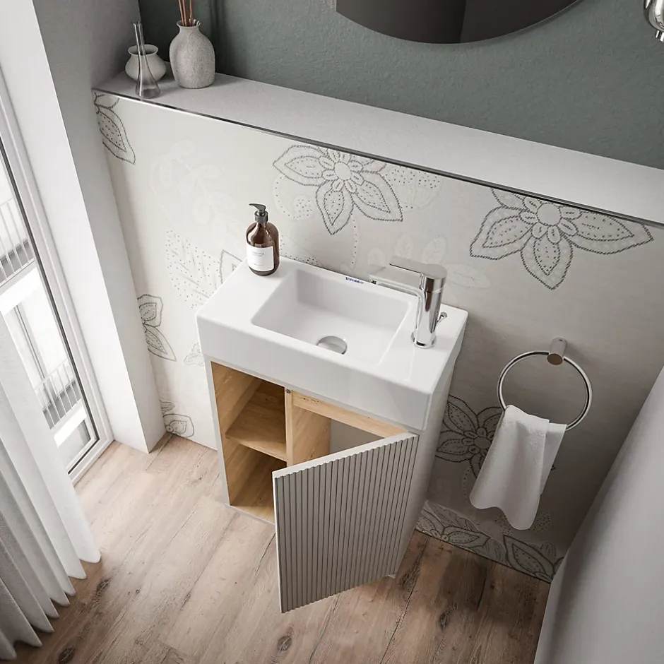 Bernstein Meuble vasque Gris soie de salle de bain 55x24x59cm (LxPxH) 1 porte à droite + 2 cases rangement - BELDIVO