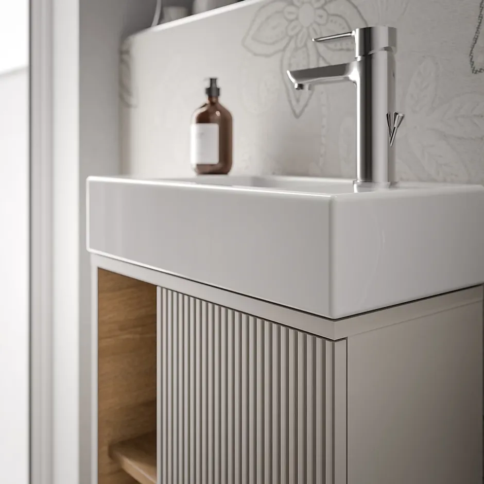 Bernstein Meuble vasque Gris soie de salle de bain 55x24x59cm (LxPxH) 1 porte à droite + 2 cases rangement - BELDIVO